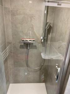 prysznic ze szklanymi drzwiami obok umywalki w obiekcie Apartmán - E - Vyhlídka nad řekou w mieście Zdiby