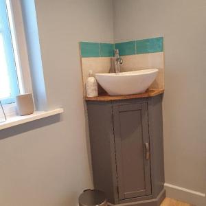 a bathroom with a white sink on a counter at Priory Cottage in Westbury