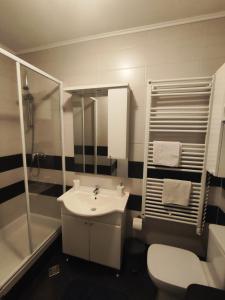 a bathroom with a sink and a toilet and a shower at Beach Pearl Apartment in Split