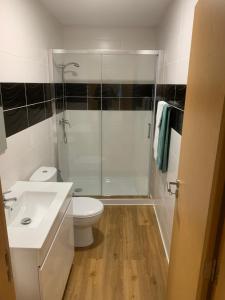 a bathroom with a shower and a toilet and a sink at Encostas do Côa TER -HOTEL in Pinhel +10 photos