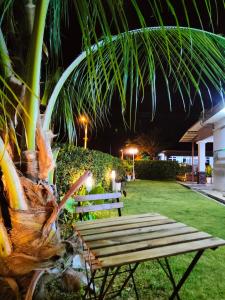 een houten bank die 's nachts onder een palmboom zit bij DH Merlimau Homestay in Merlimau
