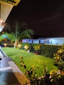 a garden at night with palm trees and lights at DH Merlimau Homestay in Merlimau