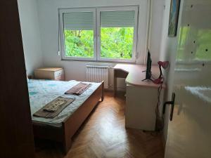 een slaapkamer met een bed, een bureau en een raam bij Dramski apartment in Skopje