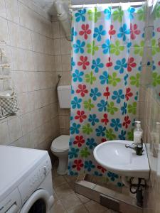 een badkamer met een douchegordijn, een toilet en een wastafel bij Dramski apartment in Skopje