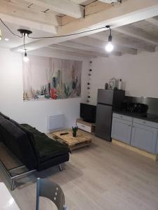 a living room with a couch and a kitchen at GITE les cactus logement indépendant 