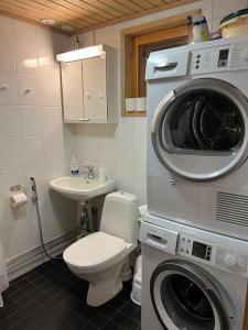 bagno con lavatrice, servizi igienici e lavandino di Rauhallinen kelohuoneisto lähellä palveluita, Peacefull Log apartment at Ylläs a Ylläsjärvi
