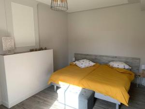 ein Schlafzimmer mit einem Bett mit einer gelben Decke in der Unterkunft Gîte des pêchers in Mouliherne