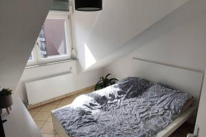 ein weißes Zimmer mit einem Bett und einem Fenster in der Unterkunft Skyline-Blick über Darmstadts Martinsviertel in Darmstadt
