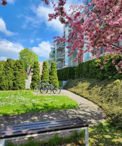 un banco en un parque con un árbol florido y un edificio en Twoj Czas en Cracovia