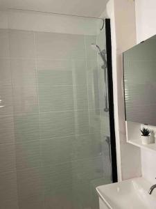 een badkamer met een glazen douche en een wastafel bij Paradise , avec loggias et vue mer in Courseulles-sur-Mer