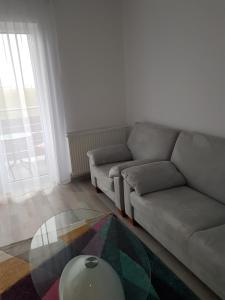 ein Wohnzimmer mit einem Sofa und einem Tisch in der Unterkunft Blue apartament in Sibiu