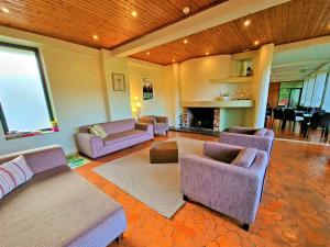 sala de estar con muebles de color púrpura y chimenea en HI Geres - Pousada de Juventude do Gerês en Geres