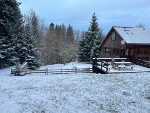 a cabin with snow on the ground next to a fence at Appartement - Chalet MONT DORE COSY 6/7 personnes in Le Mont-Dore