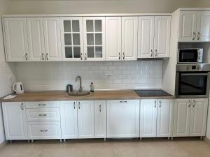 - une cuisine blanche avec des placards blancs et un évier dans l'établissement Five Apartments, à Inđija