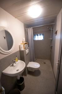 布倫迪歐斯的住宿－Húnaver Guesthouse，一间带水槽、卫生间和镜子的浴室