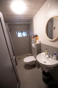 a bathroom with a sink and a toilet and a mirror at Húnaver Guesthouse in Blönduós