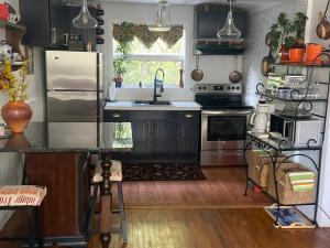 a kitchen with a refrigerator and a sink at Elegantly English Catskills in Liberty