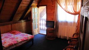 Dormitorio con cama y TV en una cabina en Casa Oana, en Sulina