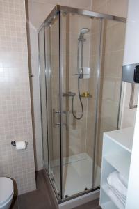 W łazience znajduje się prysznic ze szklanymi drzwiami. w obiekcie Apartmán Kafe s postelí, střed Mikulova w mieście Mikulov