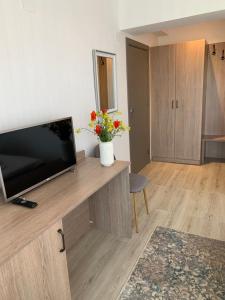 a living room with a television and flowers on a counter at Pensiunea Taisia in Murighiol