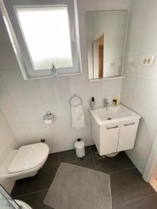 a white bathroom with a toilet and a sink at Apartment Maria in Zadar
