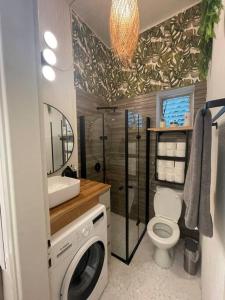 特拉維夫的住宿－Beautiful Renovated Gallery Apartment，一间带卫生间、淋浴和洗衣机的浴室