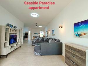 a large living room with a couch and a tv at Seaside Paradise 2 minutes à pied du Lagoon in Pereybere