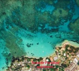 an aerial view of a reef with blue water at Seaside Paradise 2 minutes à pied du Lagoon in Pereybere