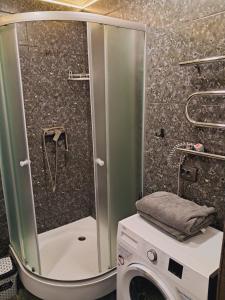 a shower with a washing machine in a bathroom at New modern apartments in the center in Ivano-Frankivsk