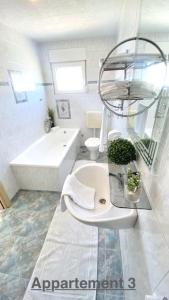 La salle de bains est pourvue de toilettes, d'un lavabo et d'une baignoire. dans l'établissement Croadriatic Apartments, à Vir