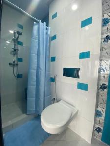 een badkamer met een toilet en een douche bij Lovely Seaview beachfront Apartment in Agadir
