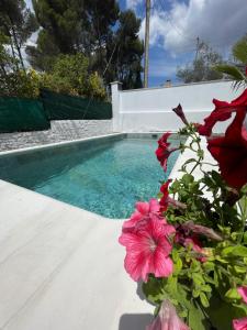 a swimming pool with flowers in front of it at Casita rural con piscina in La Torre de Claramunt