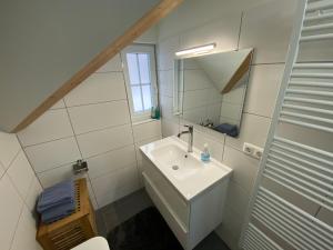 a bathroom with a sink and a mirror at VillaVoigt, een Gezellig Familiehuis in Äussere Kainisch