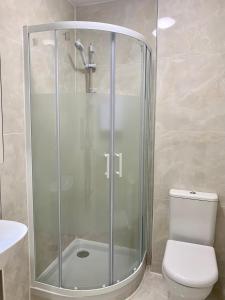 a shower in a bathroom with a toilet and a sink at London Charm - Stylish Studio in Kensington in London