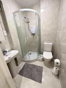 a bathroom with a shower and a toilet and a sink at London Charm - Stylish Studio in Kensington in London