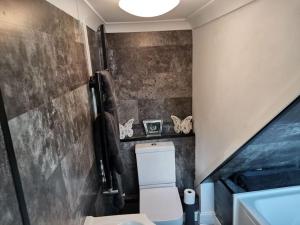een badkamer met een toilet en vlinders aan de muur bij Hopefield in Newport