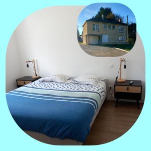 two pictures of a bedroom with a bed and a house at La Menuiserie in Myennes