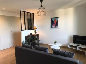 een woonkamer met een bank en een tv bij T2 50m2 3*,centre ville,calme,lumineux charme in Rodez