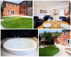 a collage of pictures of a house with a bath tub at Premier Apartments in Caister-on-Sea