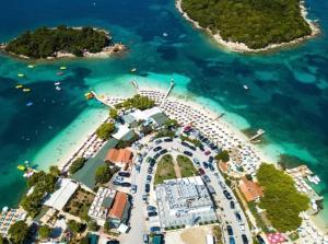 an aerial view of an island with a resort at Vila Mare Mateo in Ksamil