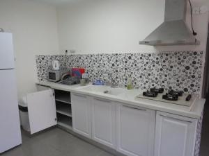 uma cozinha branca com um lavatório e um micro-ondas em cohen sea of galilee em Tiberias