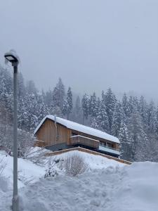 a building covered in snow in front of trees at B-Lodge Kärnten in Kirchbach