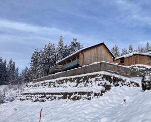 a house is covered in snow with trees at B-Lodge Kärnten in Kirchbach
