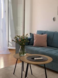 sala de estar con sofá azul y mesa en Apartman Mare Blace, en Blace