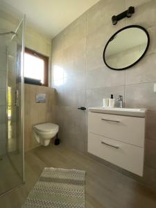 a bathroom with a sink and a toilet and a mirror at Stanica Przygody in Sztutowo +44 photos