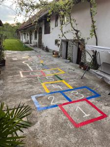 a yard withpainted drawings on the ground in front of a house at Casa pe Valea Hartibaciului(Bărcuț) in Bărcuţ