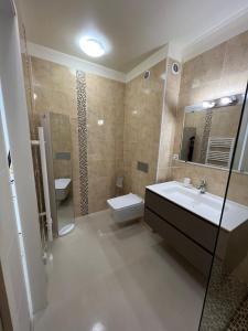 a bathroom with a sink and a toilet and a mirror at Rêve de sable appartement avec jardin et parking in Menton