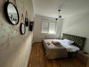a bedroom with a bed and a mirror on the wall at Apartman Didi-free parking in Novi Sad