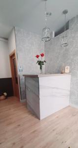 a kitchen with a counter with a vase with red roses at Pensión Ferradura in Melide