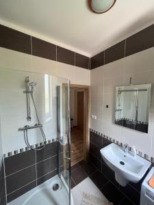 a bathroom with a shower and a sink and a tub at Elegantný Byt v Srdci Mesta in Trenčín